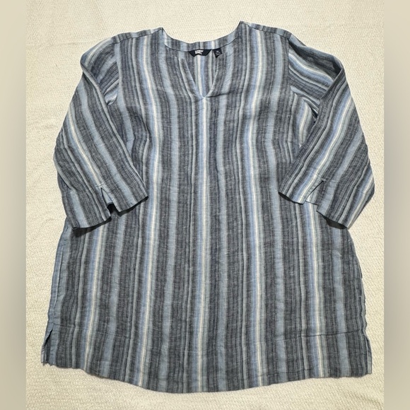 Lands End Women 1X(16W-18W) Blue Striped Linen 3/4 Sleeve Tunic Pockets Top - Picture 12 of 13